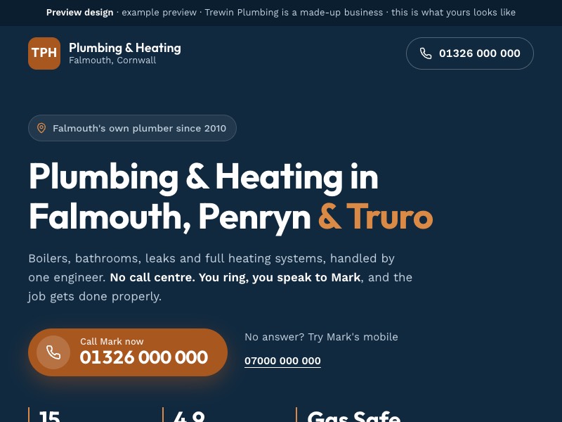 The example preview page for Trewin Plumbing, a made-up Falmouth plumber